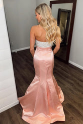 Chic Blush Sweetheart Satin Mermaid Long Prom Dress with Bow